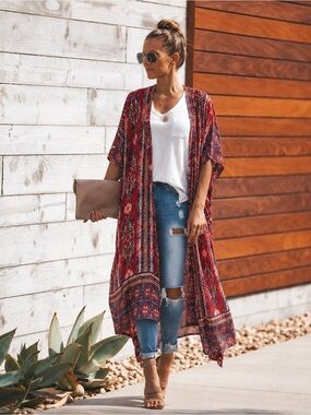 Duets Boho Tribal Print Red Long Duster Kimono Womens Size Medium